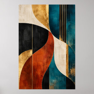 Poster Teal Rouille Or Courbes Entrelacées Abstrait Mur A