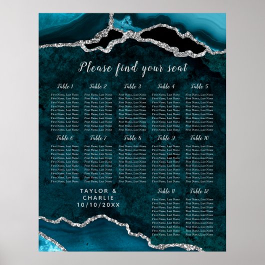 Poster Teal Silver Agate Wedding Seating Chart 12 Table (Devant)