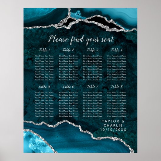 Poster Teal Silver Agate Wedding Seating Chart 8 Table (Devant)