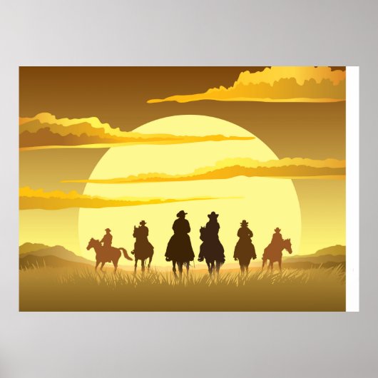 Poster Team of cowboys silhouette galloping against a sun (Devant)