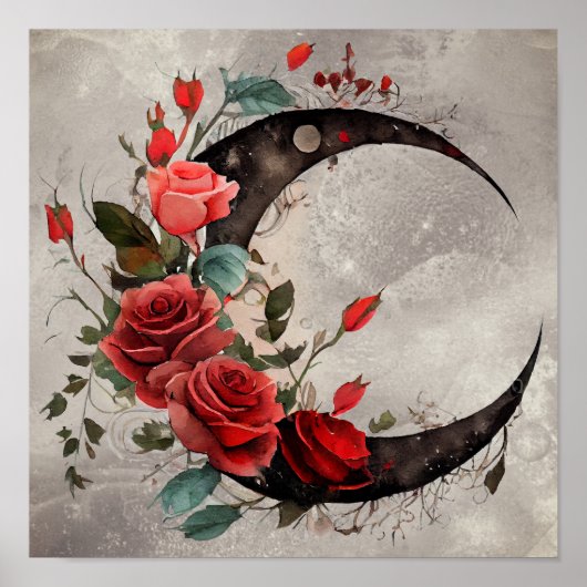 Poster Técherie | Lune de croissant avec des roses rouges (Devant)