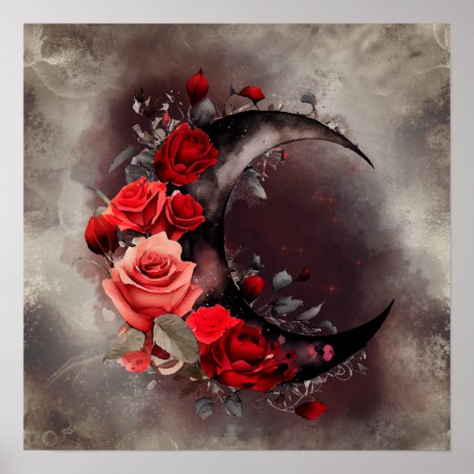 Poster Técherie | Lune de croissant avec des roses rouges (Devant)