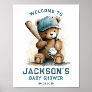 Poster Tedd Bear Baseball Joueur Boy Baby shower d'accuei