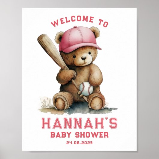 Poster Tedd Bear Baseball Player Boy Welcome Baby Shower (Devant)
