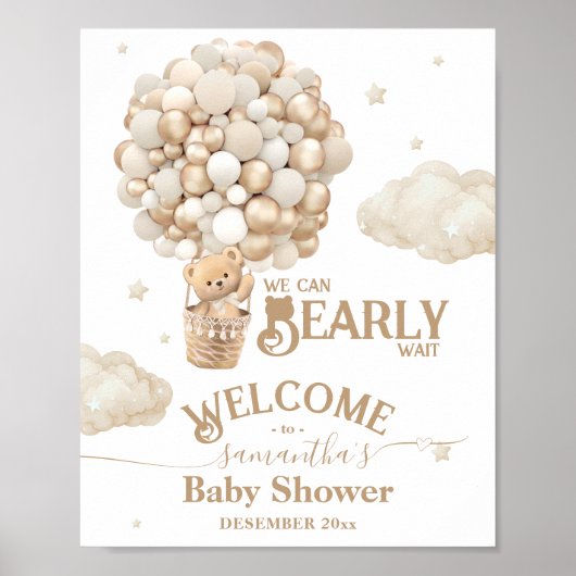 Poster Teddy Bear Balloon Bearly Wait Baby shower bienven (Devant)