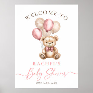 Poster Teddy Bear Balloons Girl Baby shower Bienvenue