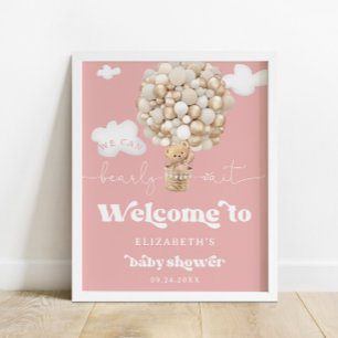 Poster Teddy Bear Balloons Girl Baby shower Bienvenue