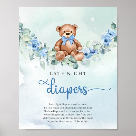Poster Teddy bear bleu floral tard la nuit Diapos jeu (Devant)