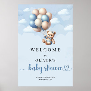 Poster Teddy bear bleu ivoire Boy Baby shower Bienvenue