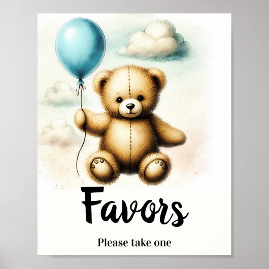 Poster Teddy Bear Blue Balloon Anniversaire Favoriser Sig (Devant)