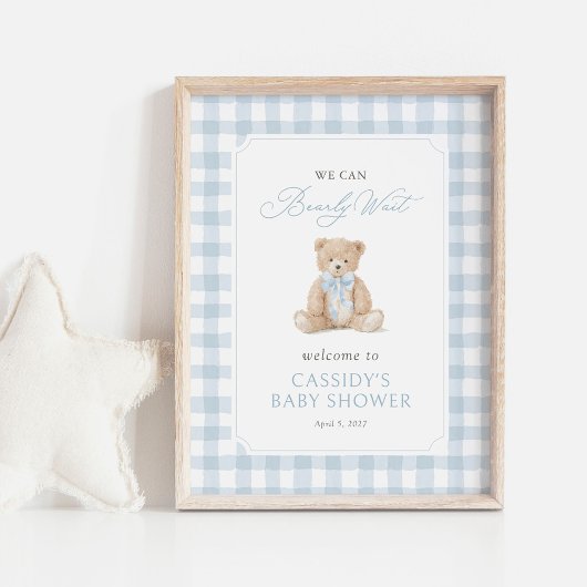 Poster Teddy Bear Blue Gingham Baby Shower Welcome Sign