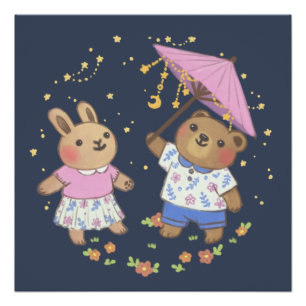 Poster Teddy Bear et Bunny under the Stars Illustration