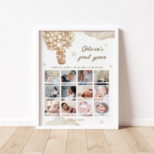 Poster Teddy Bear First Birday Milestone Photo