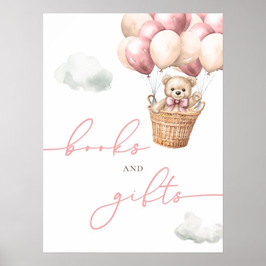Poster Teddy Bear Hot Air Balloon Livres Et Cadeaux Rose (Devant)