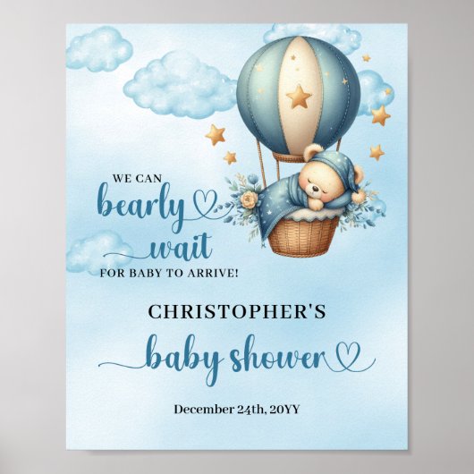 Poster Teddy bear montgolfière Boy Baby shower bienvenue (Devant)