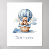 Poster Teddy Bear Nursery Hot Air Balloon Blue Baby Boy (Devant)