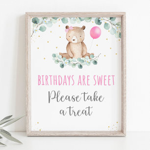 Poster Teddy Bear Pique-nique Rose Floral Symbole d'anniv