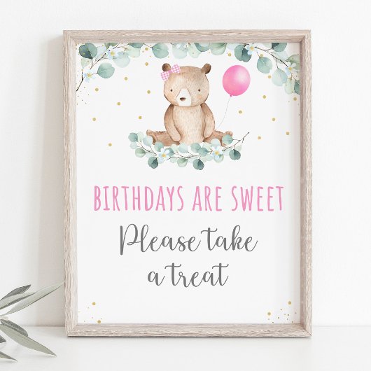 Poster Teddy Bear Pique-nique Rose Floral Symbole d'anniv