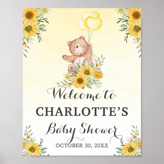 Poster Teddy Bearly Wait Sunflower Baby shower vert (Devant)