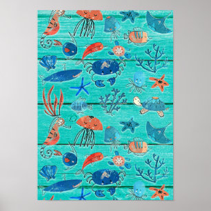 Poster Télèbre Bois de Teal Rustique & Amis sous la Mer