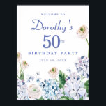 Poster Téléchargement numérique Hydrangea 50th Birthday W<br><div class="desc">Vous pouvez télécharger ce panneau d'accueil fleuri d'été immédiatement. Les hydrangées bleues et violettes douces se mélangent à des roses sauvages blancs et roses. Le nom du célébrant d'anniversaire est écrit dans une police de caractères facile à lire. l'année et la date d'anniversaire suivent une police de caractères serif traditionnelle...</div>