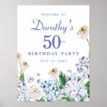 Poster Téléchargement numérique Hydrangea 50th Birthday W<br><div class="desc">Vous pouvez télécharger ce panneau d'accueil fleuri d'été immédiatement. Les hydrangées bleues et violettes douces se mélangent à des roses sauvages blancs et roses. Le nom du célébrant d'anniversaire est écrit dans une police de caractères facile à lire. l'année et la date d'anniversaire suivent une police de caractères serif traditionnelle...</div>