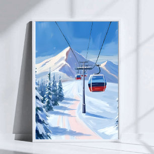 Poster Téléphérique de ski Gondole de montagne enneigée