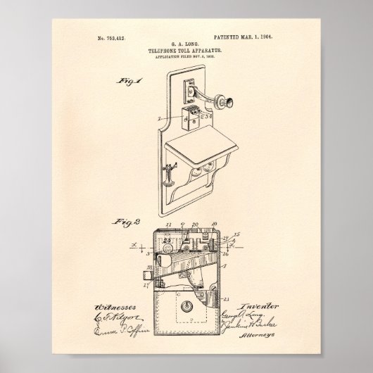 Poster Telephone Toll 1904 Patent Art Old Peper (Devant)