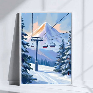 Poster Télésiège   Ski aquarelle hiver montagne