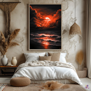 Poster Tempête au-dessus de la lune de Crimson - Monochro