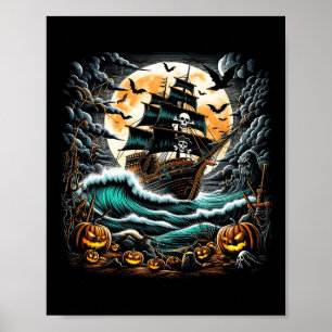 Poster Tempête de bateau pirate Halloween capitaine de ba