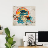 Poster Temple asiatique Pagode et soleil imprimé personna (Bureau à domicile)