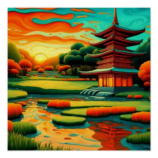 Poster Temple au coucher du soleil 1 (Devant)