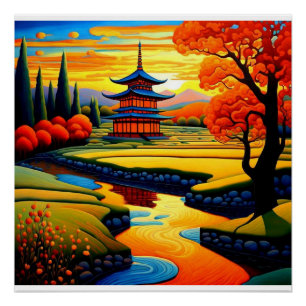 Poster Temple au coucher du soleil 4