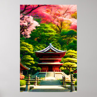 Poster Temple Cherry Blossom