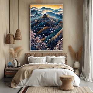 Poster Temple Cherry Blossom en style Pointilliste