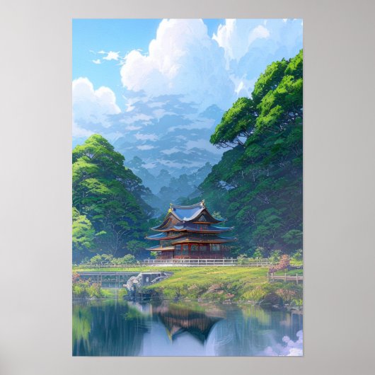 Poster Temple dans la forêt verdoyante (Devant)