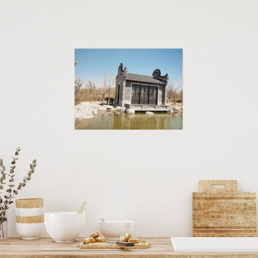 Poster Temple dans l'eau avec ciel bleu (Cuisine)