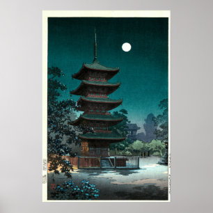 Poster Temple japonais Asakusa Kinryūzan au clair de lune