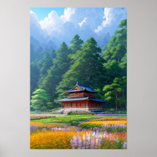Poster Temple japonais en bordure de forêt