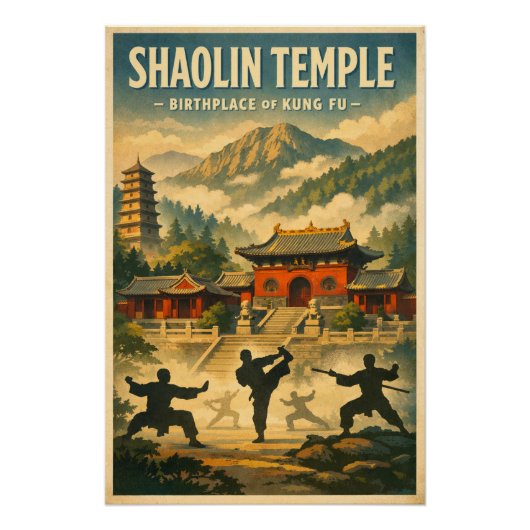Poster Temple Shaolin, Chine, dans un style rétro classiq (Devant)