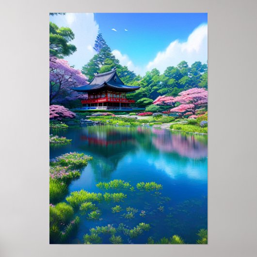 Poster Temple traditionnel au bord du lac (Devant)