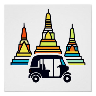 Poster Temples thaïlandais et tuk tuks