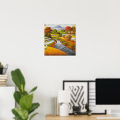 Poster Temps de récolte : Un paysage rural avec une monta (Bureau à domicile)
