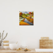 Poster Temps de récolte : Un paysage rural avec une monta (Cuisine)