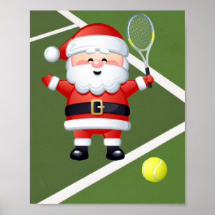 Poster Tennis Santa Claus avec raquette et bal de Noël