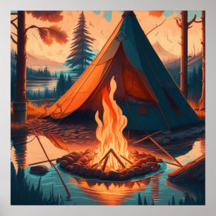 Poster Tente et feu de camp couleurs vintage Art
