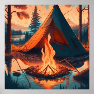 Poster Tente et feu de camp Couleurs Vintages Art