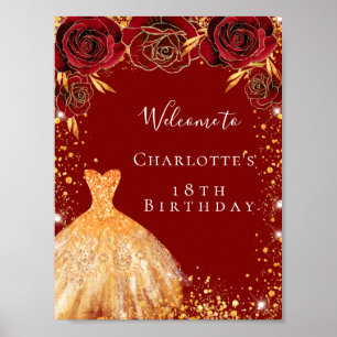 Poster Tenue de fête d'anniversaire rouge et or floral bi