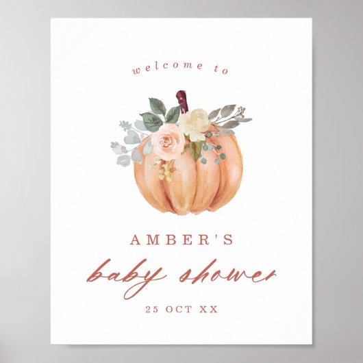 Poster Terracotta Citrouille et Rose Baby shower Bienvenu (Devant)